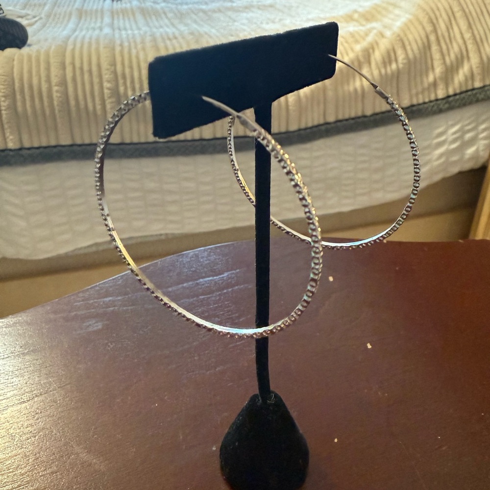 Thin Sterling Silver Diamond Cut 925 Hoop Earrings See Photo for measurements